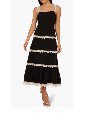 Adrianna Papell Black Knit Dress W/ White Crochet Trim Tiered Hem & Sleeveless D